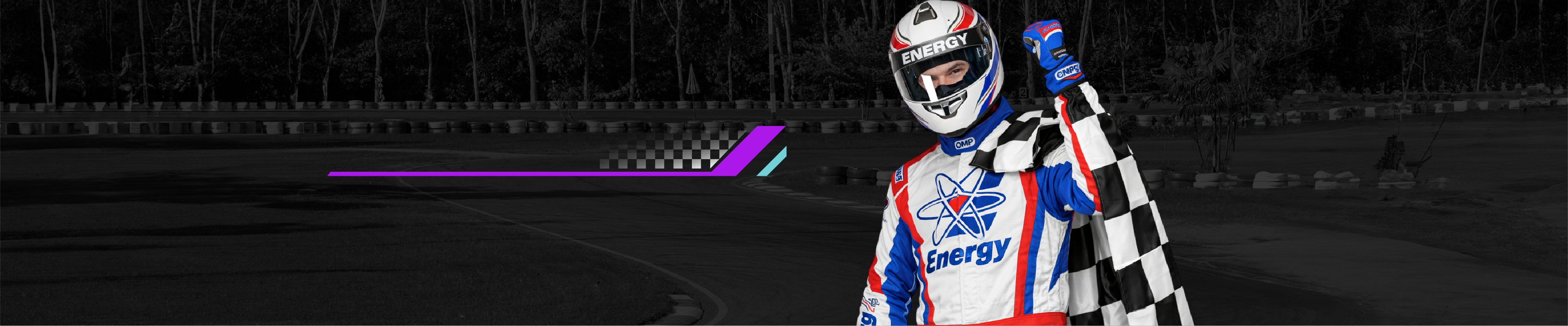 Karting track background with driver raising a hand